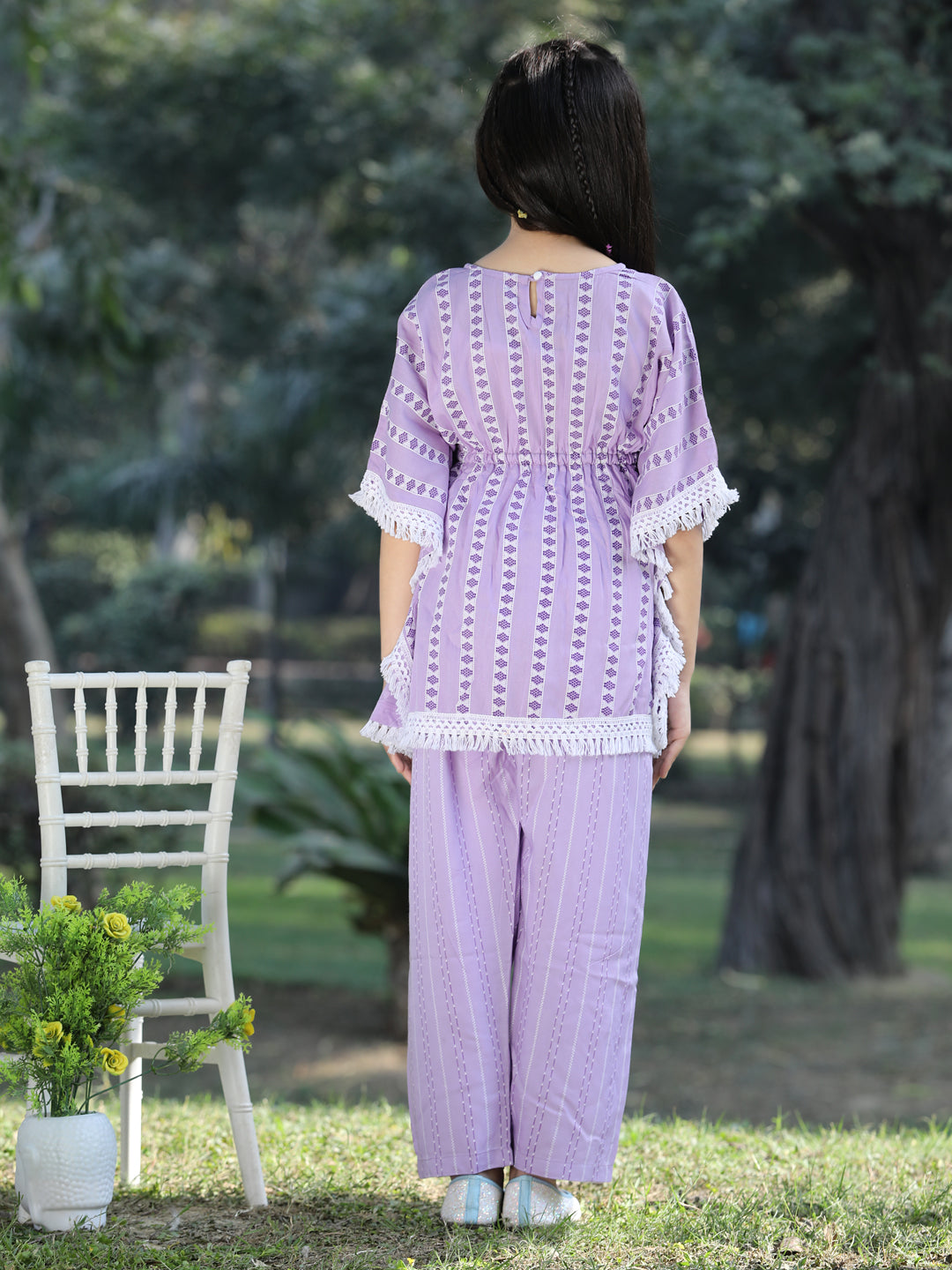 Cutiekins Stripe & Geometric Printed Kaftaan & Palazzo Set -Purple & White