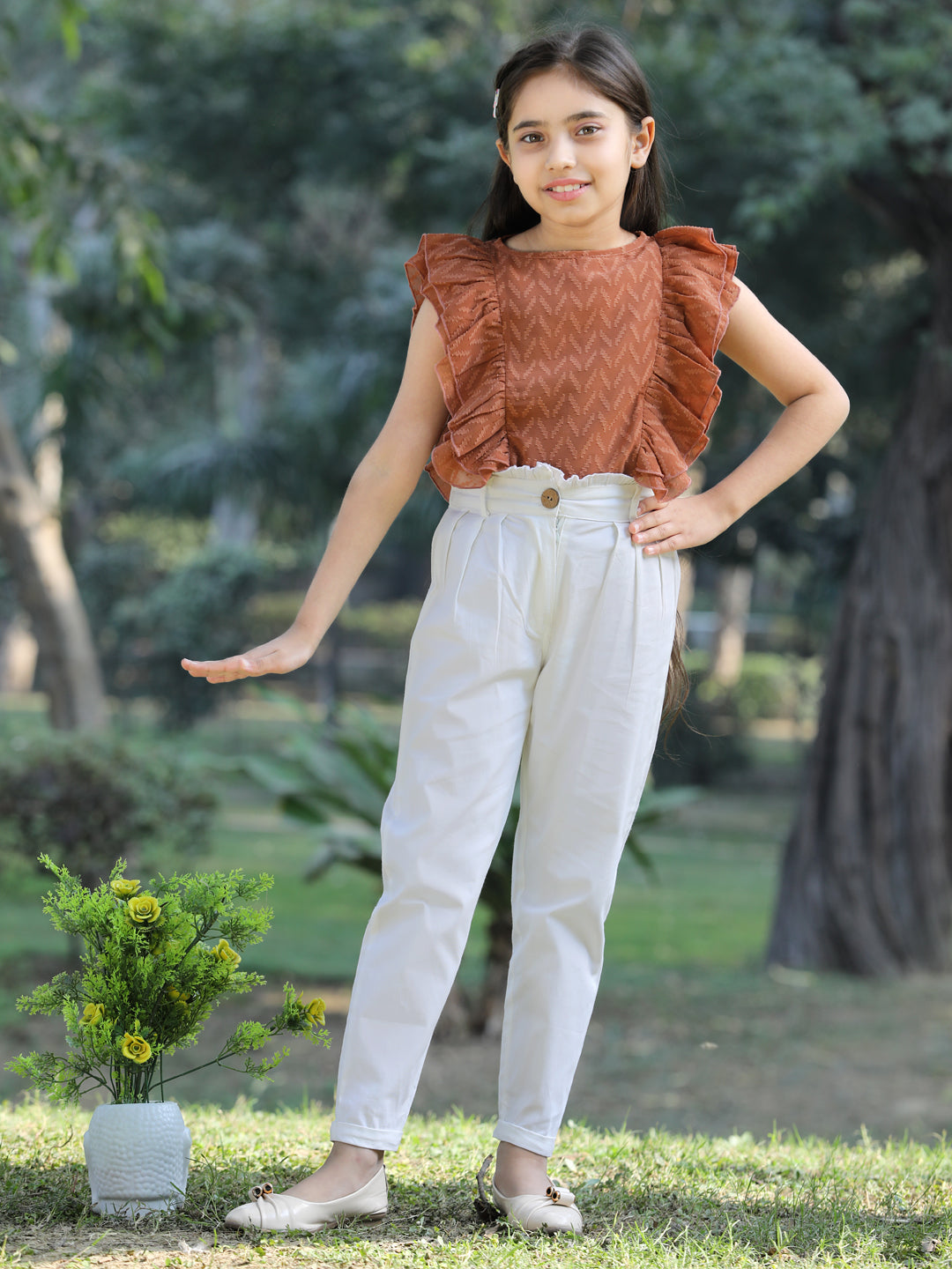 Cutiekins Solid Frilled Georgette Top & Trouser Set -Light Brown & Off White