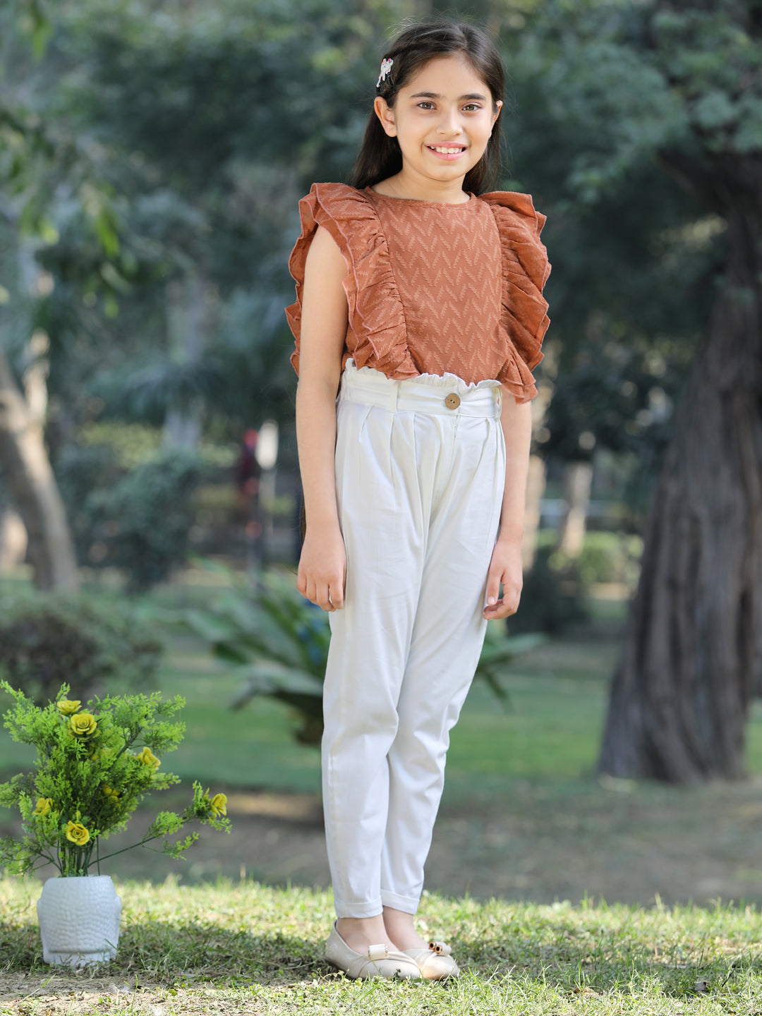 Cutiekins Solid Frilled Georgette Top & Trouser Set -Light Brown & Off White