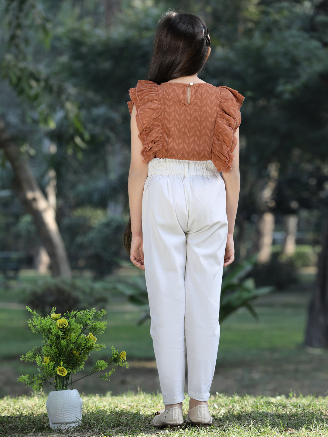 Cutiekins Solid Frilled Georgette Top & Trouser Set -Light Brown & Off White