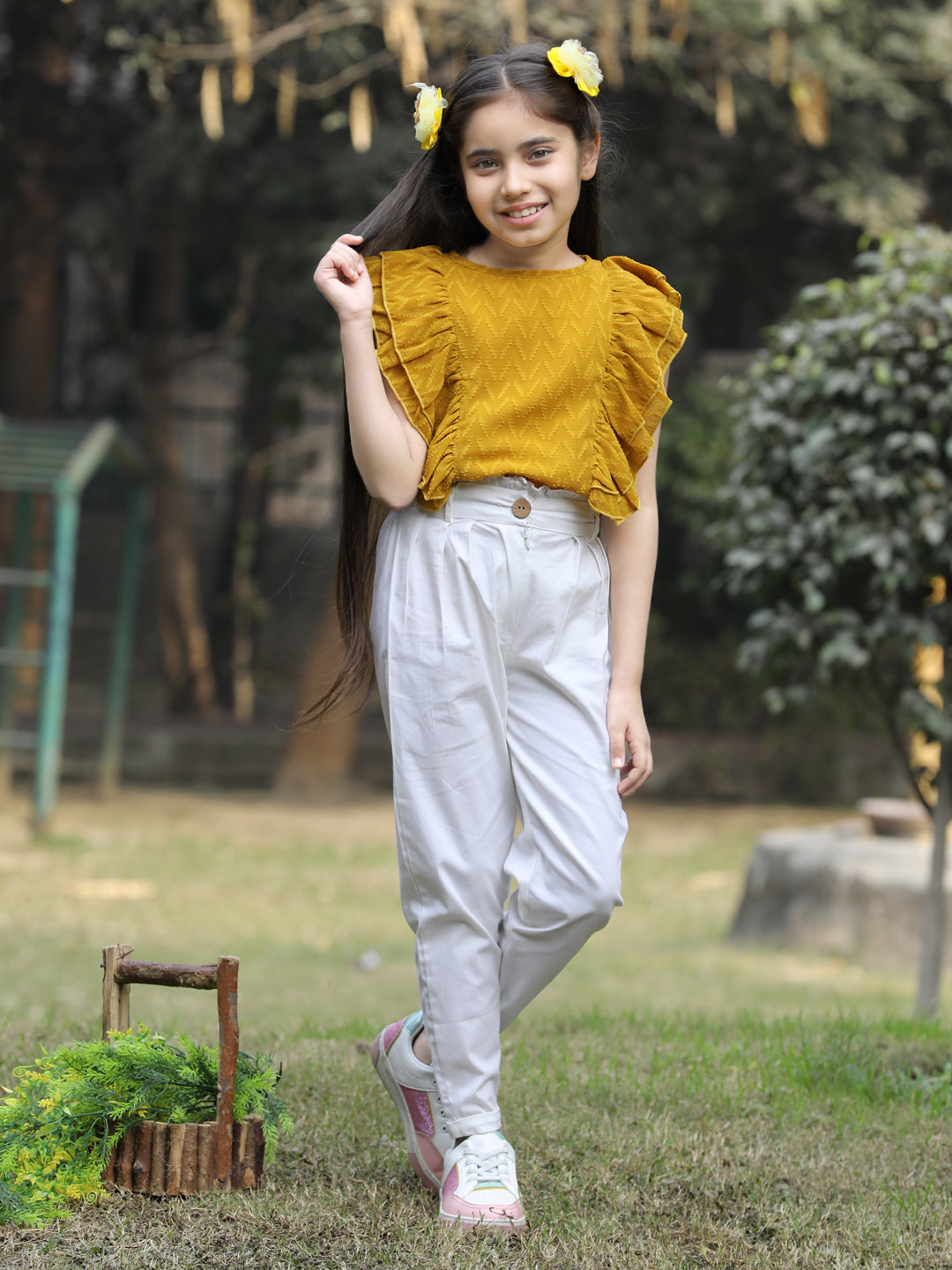 Cutiekins Solid Frilled Georgette Top & Trouser Set -Mustard & Off White