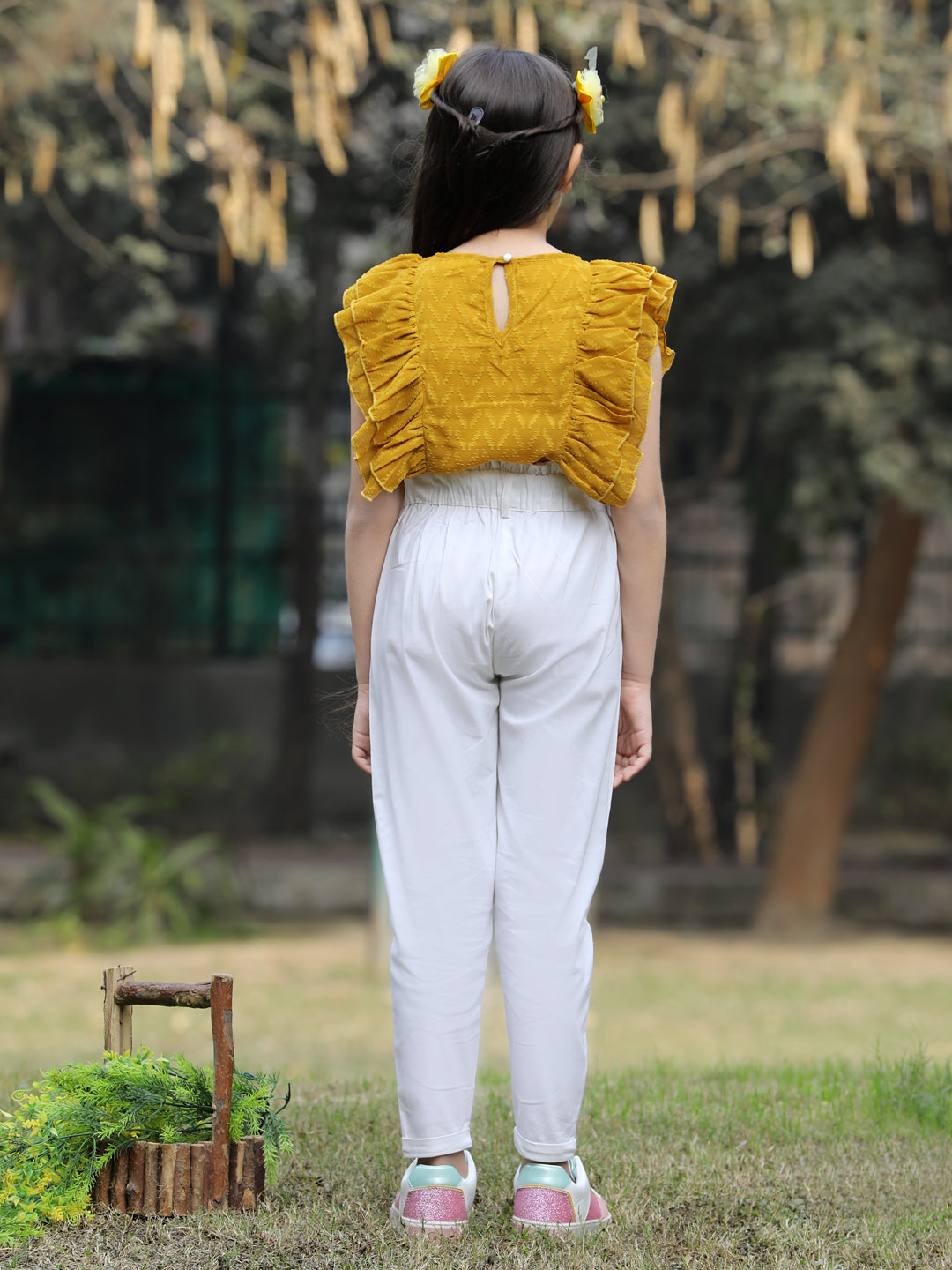 Cutiekins Solid Frilled Georgette Top & Trouser Set -Mustard & Off White