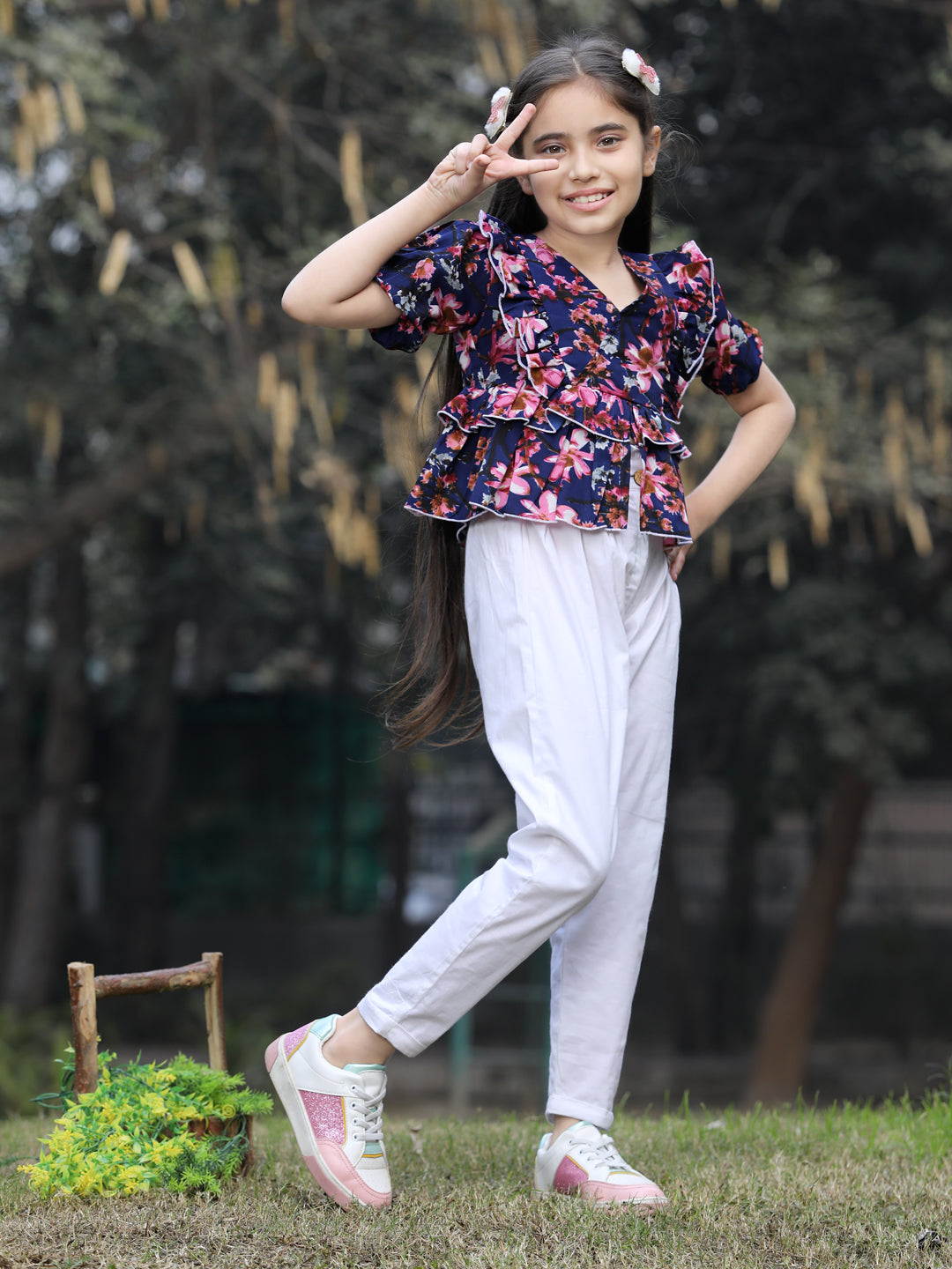 Cutiekins Printed Polyester Top & Trouser Set -Navy Blue & White