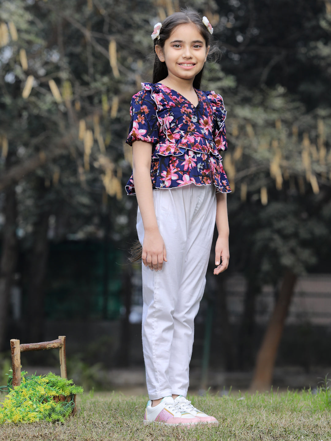 Cutiekins Printed Polyester Top & Trouser Set -Navy Blue & White