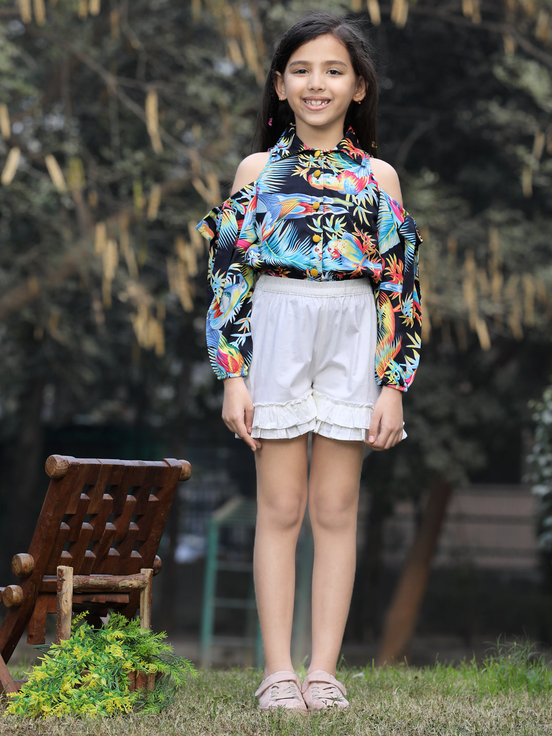 Cutiekins Printed Collar Crop Top & Shorts Set -Multi & Off White