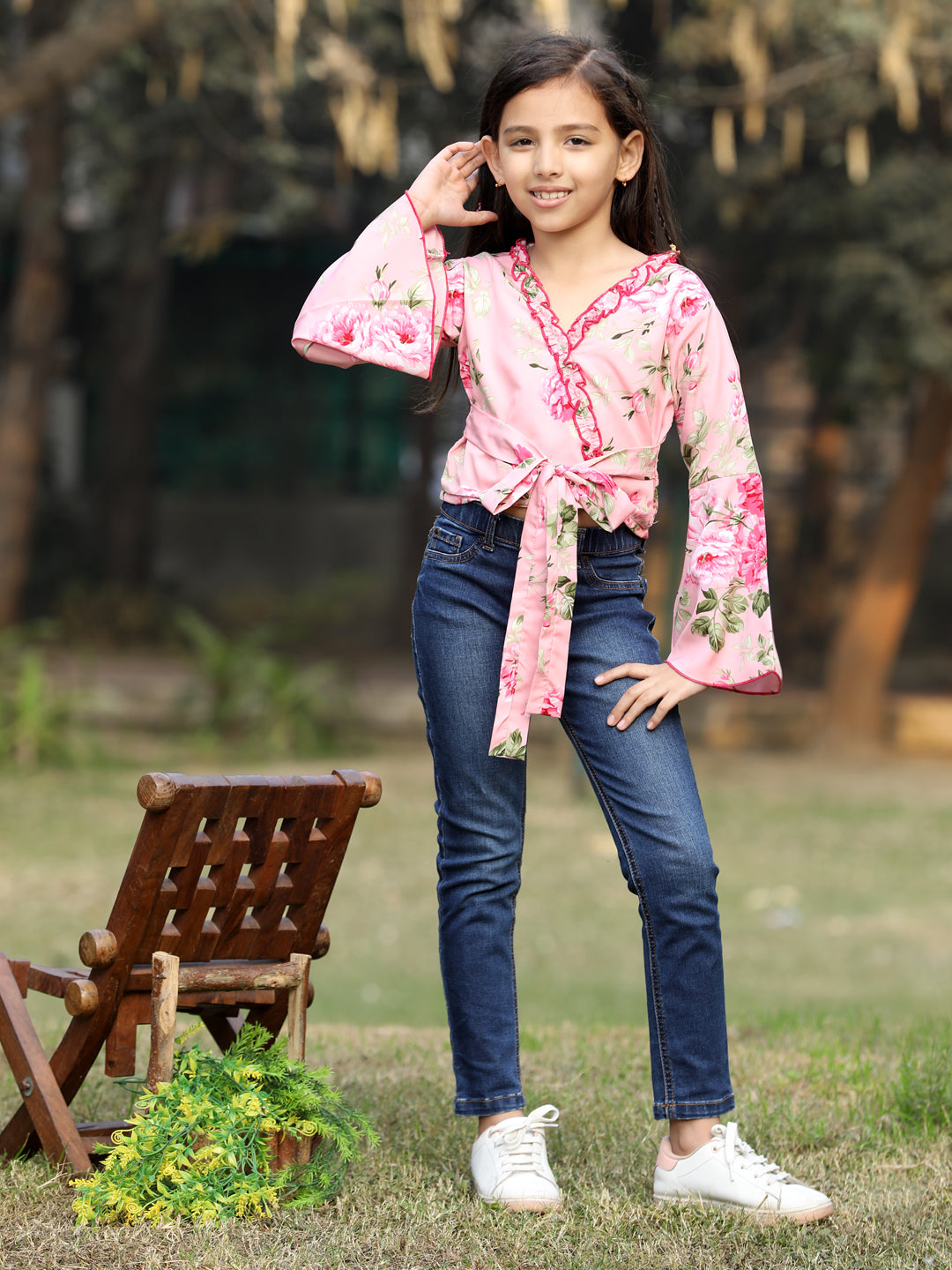 Cutiekins Floral Printed V-Neck Long Sleeves Top- Pink & Red