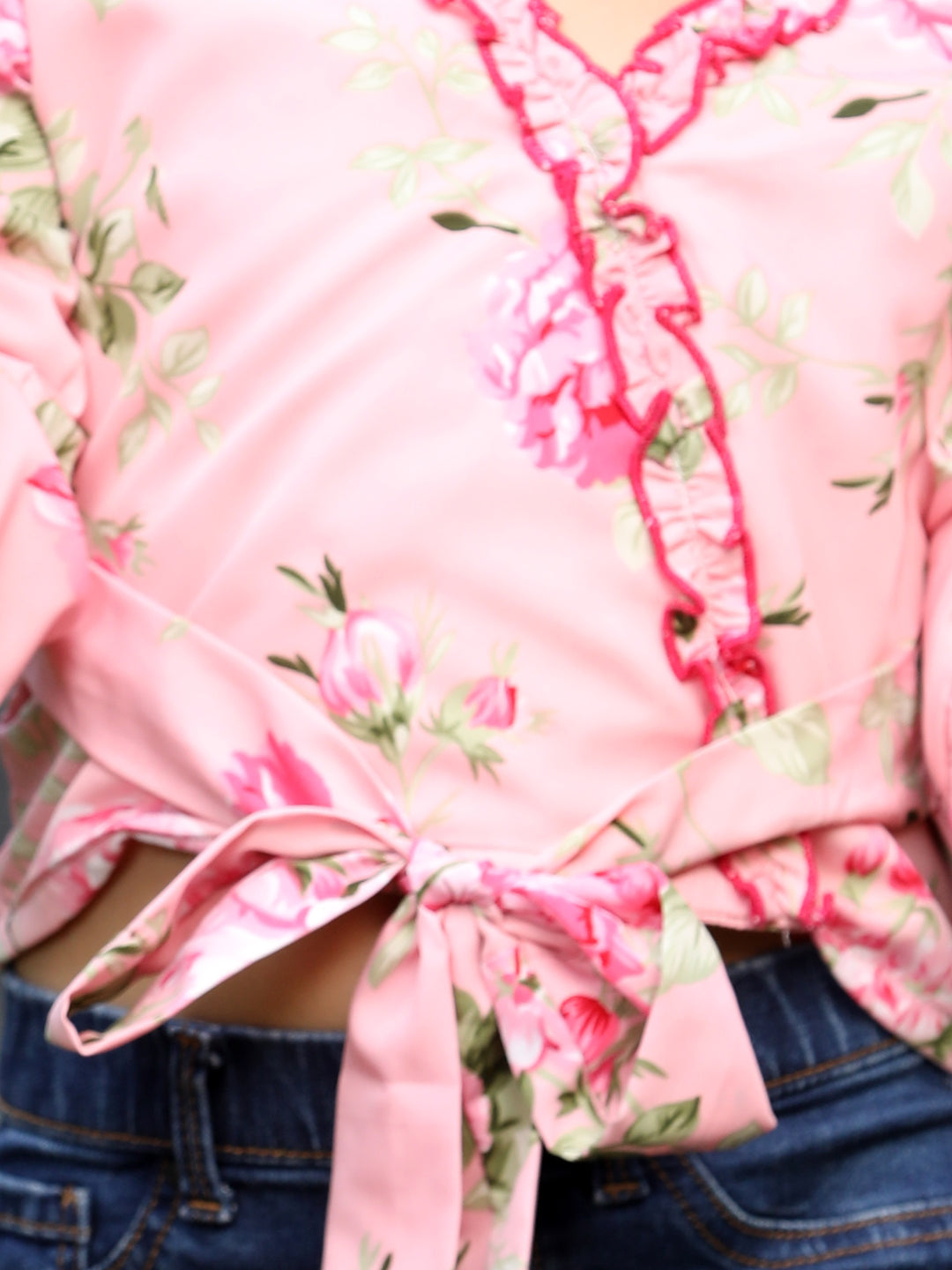 Cutiekins Floral Printed V-Neck Long Sleeves Top- Pink & Red