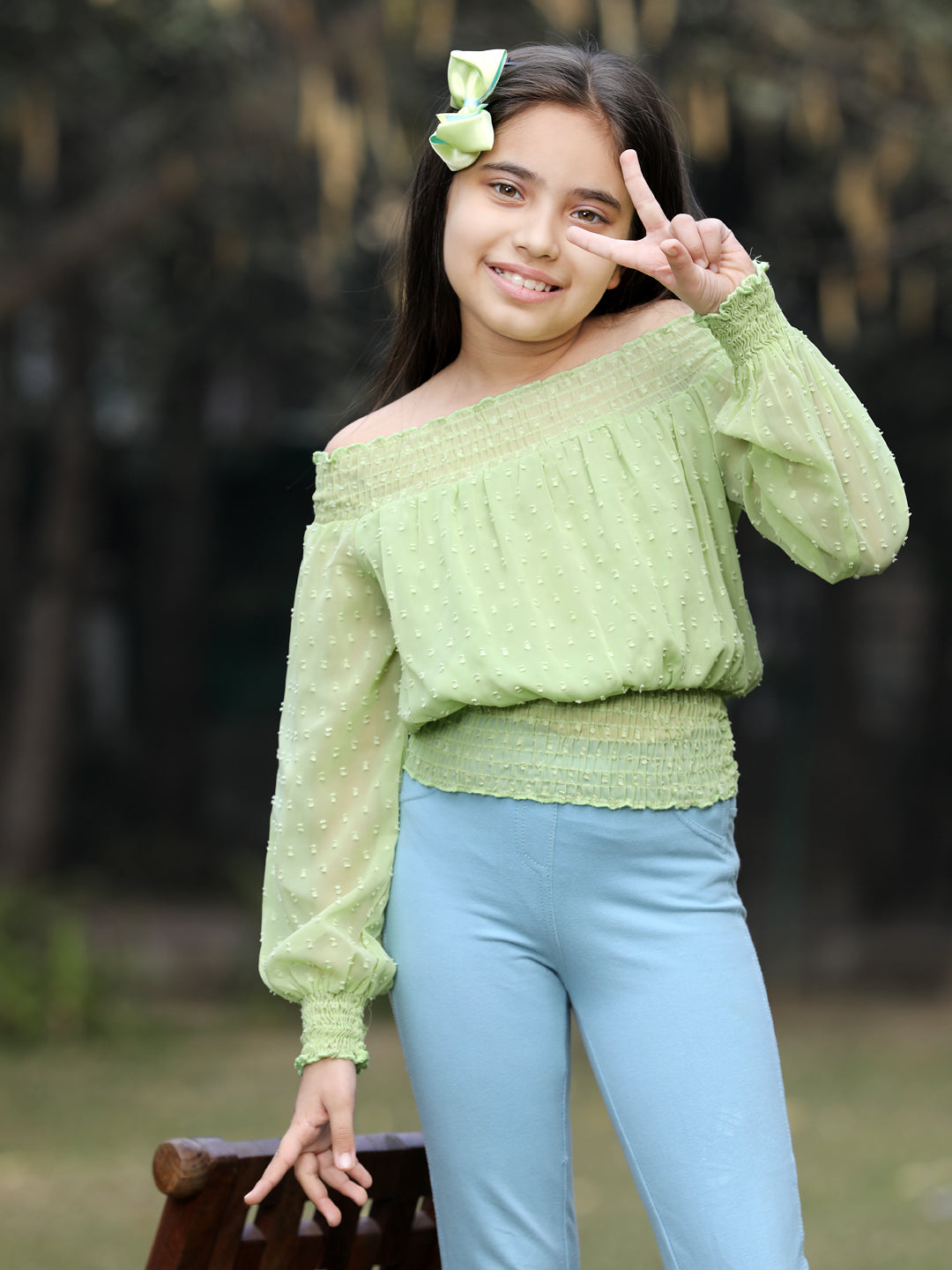 Cutiekins Off Shoulder Georgette Long Sleeves Top-Light Green