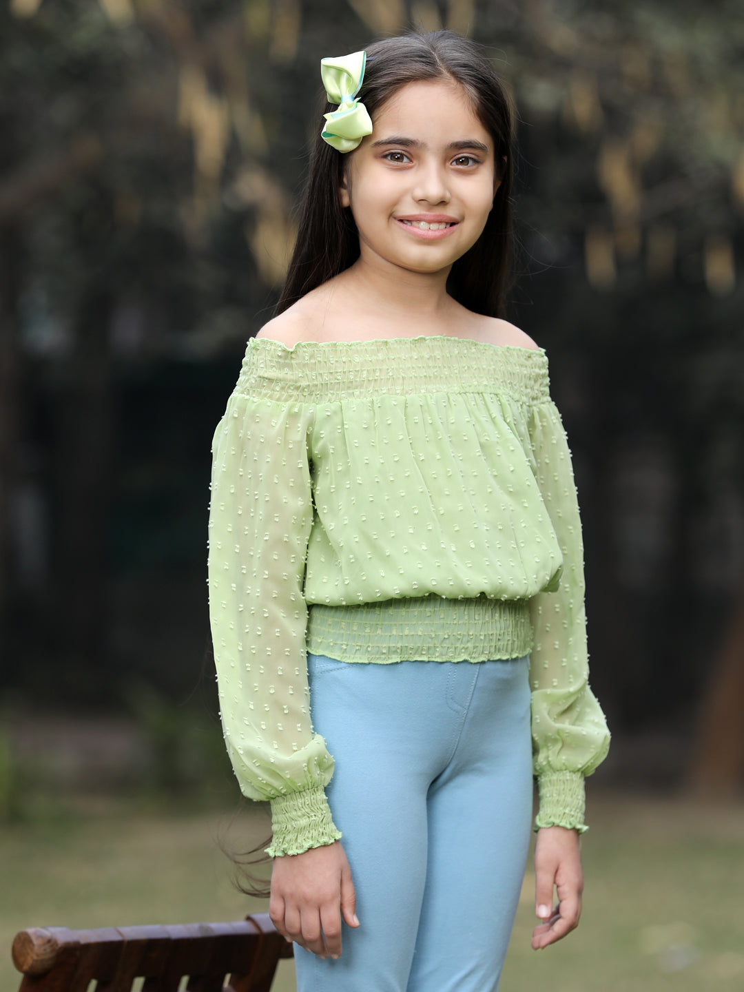 Cutiekins Off Shoulder Georgette Long Sleeves Top-Light Green