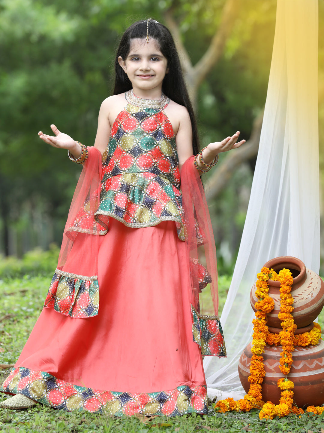 Cutiekins Girls Multicolour Halter Neck Blouse & Salmon Ready to Wear Lehenga With Dupatta