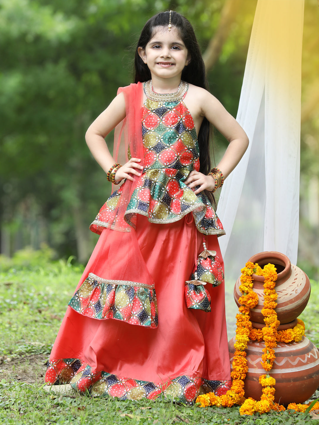 Cutiekins Girls Multicolour Halter Neck Blouse & Salmon Ready to Wear Lehenga With Dupatta