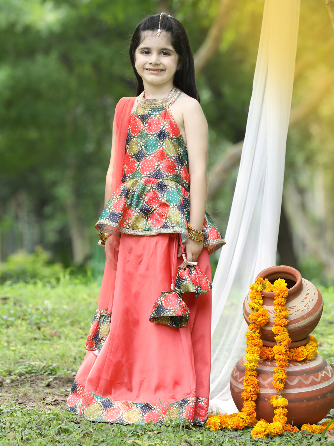 Cutiekins Girls Multicolour Halter Neck Blouse & Salmon Ready to Wear Lehenga With Dupatta