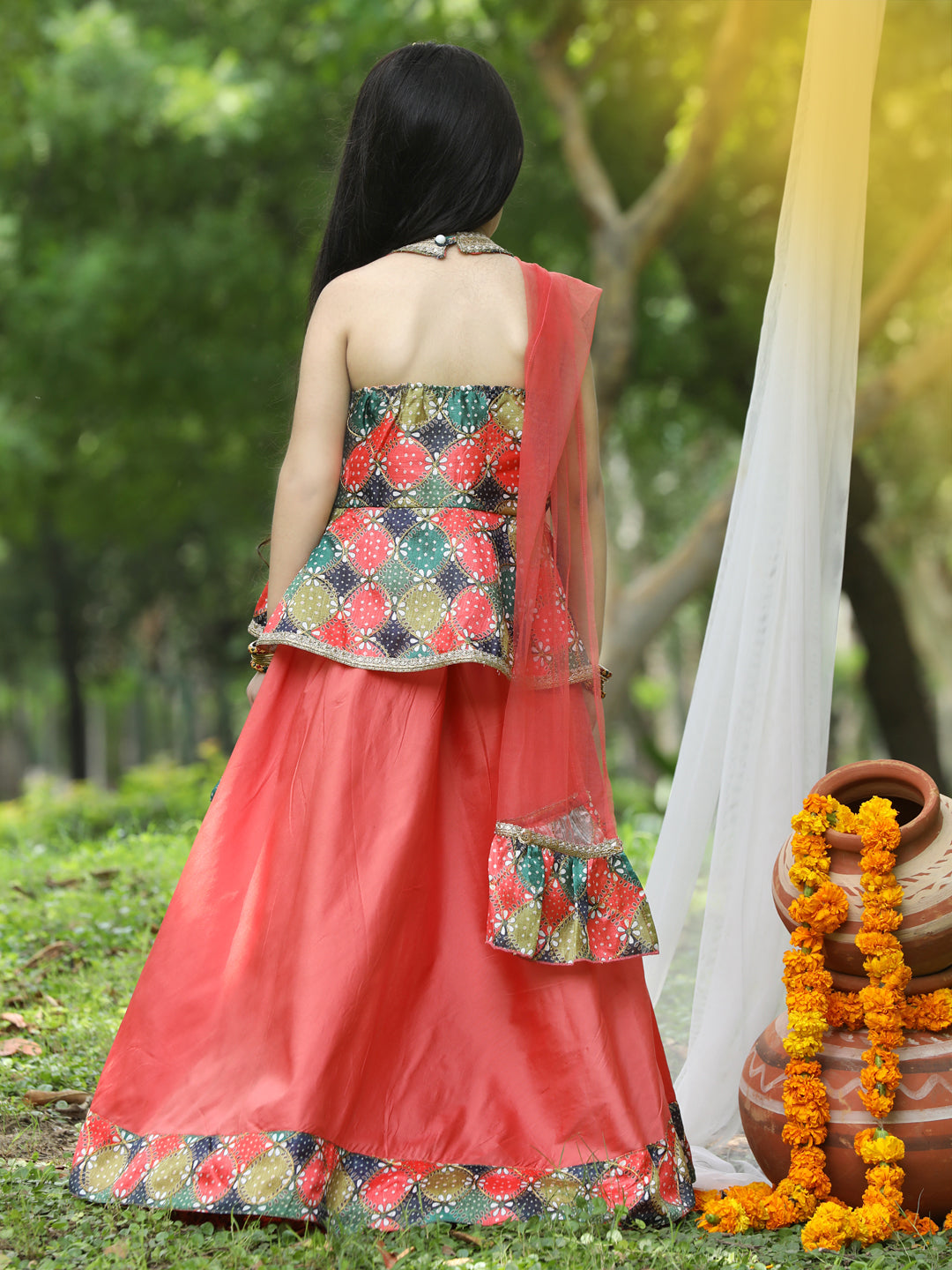 Cutiekins Girls Multicolour Halter Neck Blouse & Salmon Ready to Wear Lehenga With Dupatta