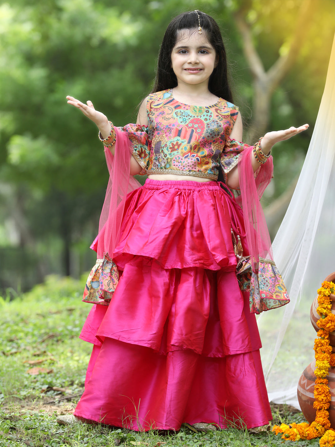 Cutiekins Girls Multicolour Cold Shoulder Blouse & Hot Pink Ready to Wear Lehenga With Dupatta