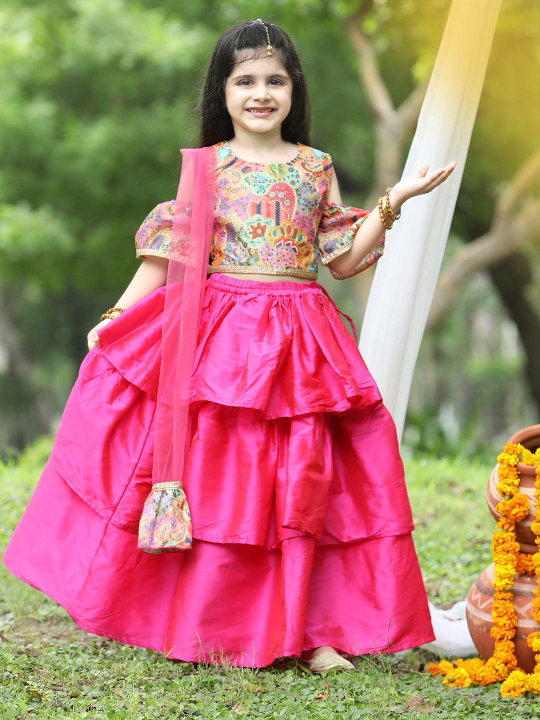 Cutiekins Girls Multicolour Cold Shoulder Blouse & Hot Pink Ready to Wear Lehenga With Dupatta