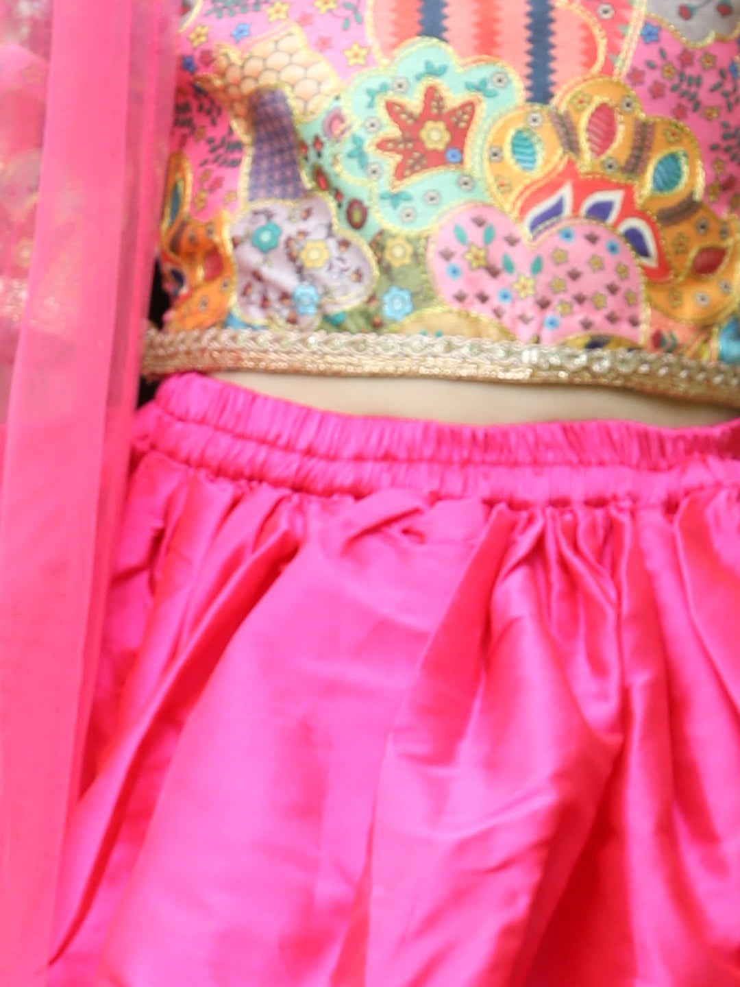 Cutiekins Girls Multicolour Cold Shoulder Blouse & Hot Pink Ready to Wear Lehenga With Dupatta