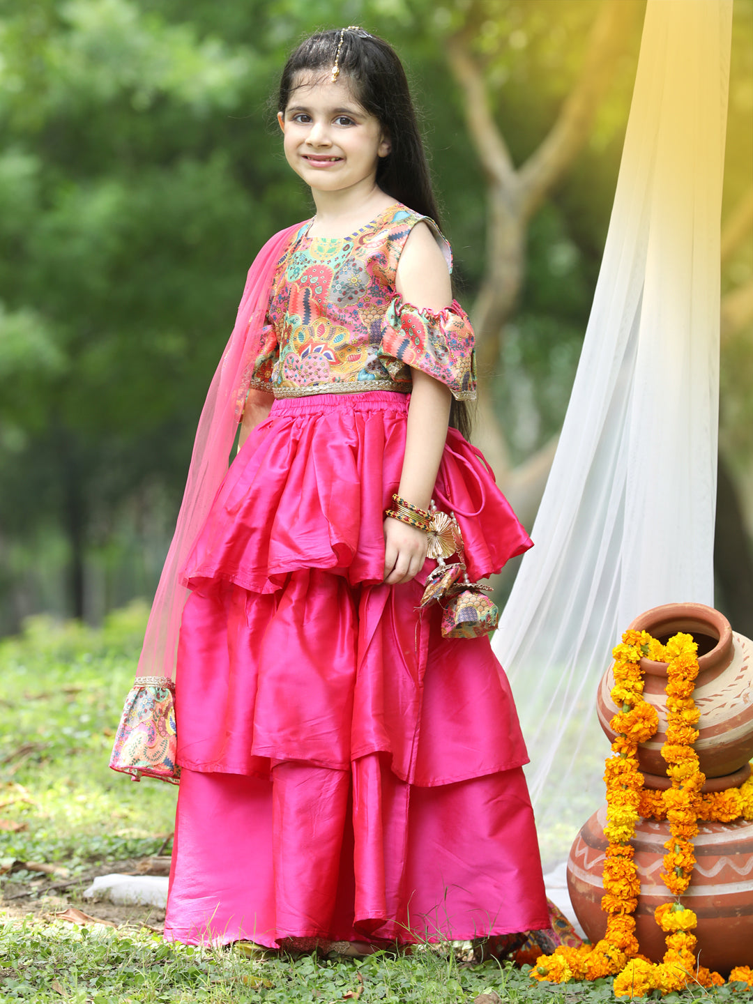 Cutiekins Girls Multicolour Cold Shoulder Blouse & Hot Pink Ready to Wear Lehenga With Dupatta