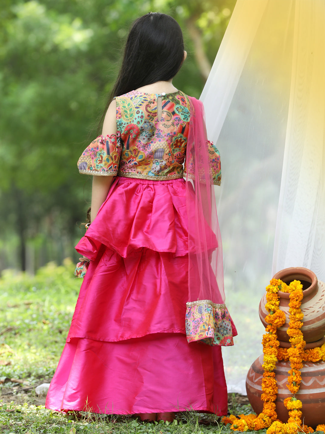 Cutiekins Girls Multicolour Cold Shoulder Blouse & Hot Pink Ready to Wear Lehenga With Dupatta