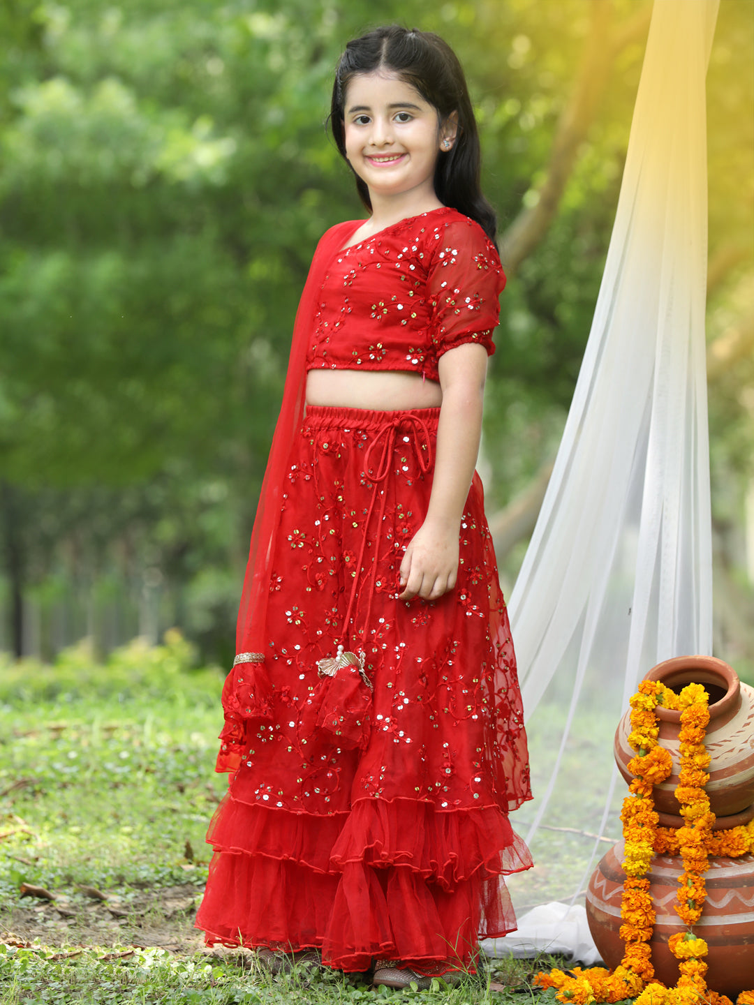 BuyBollywood Kriti Kharbanda red double shade sequins lehenga choli in UK,  USA and Canada