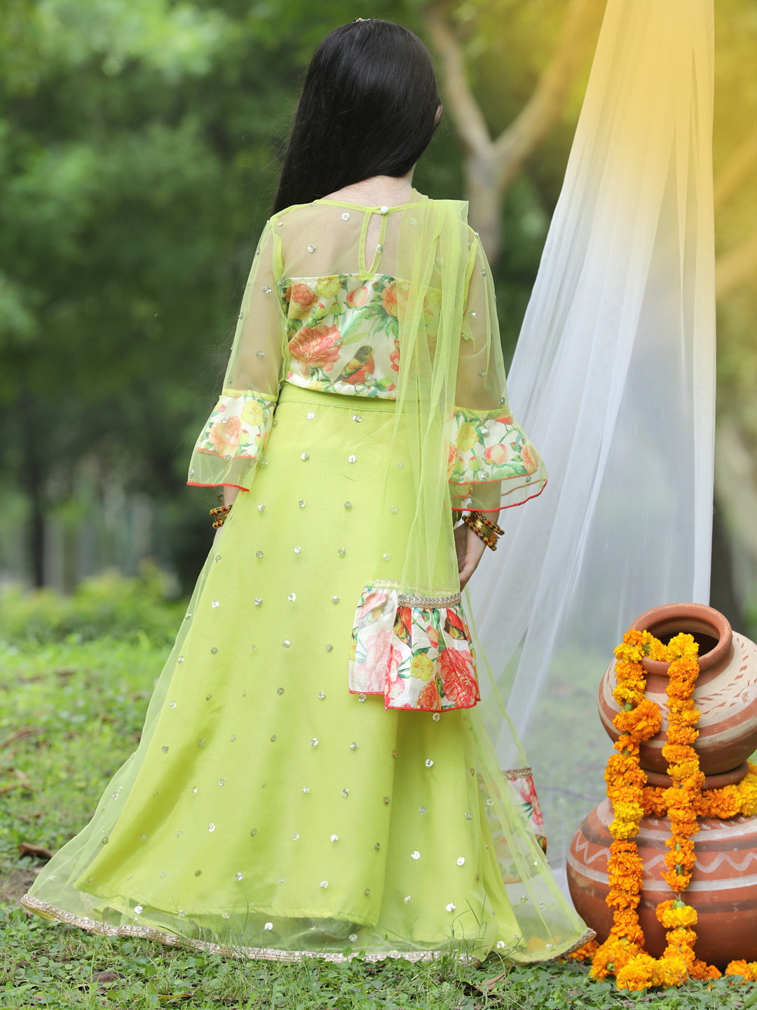 Cutiekins Girls Cream Bell Sleeves Blouse & Lemon Yellow Ready to Wear Lehenga With Dupatta