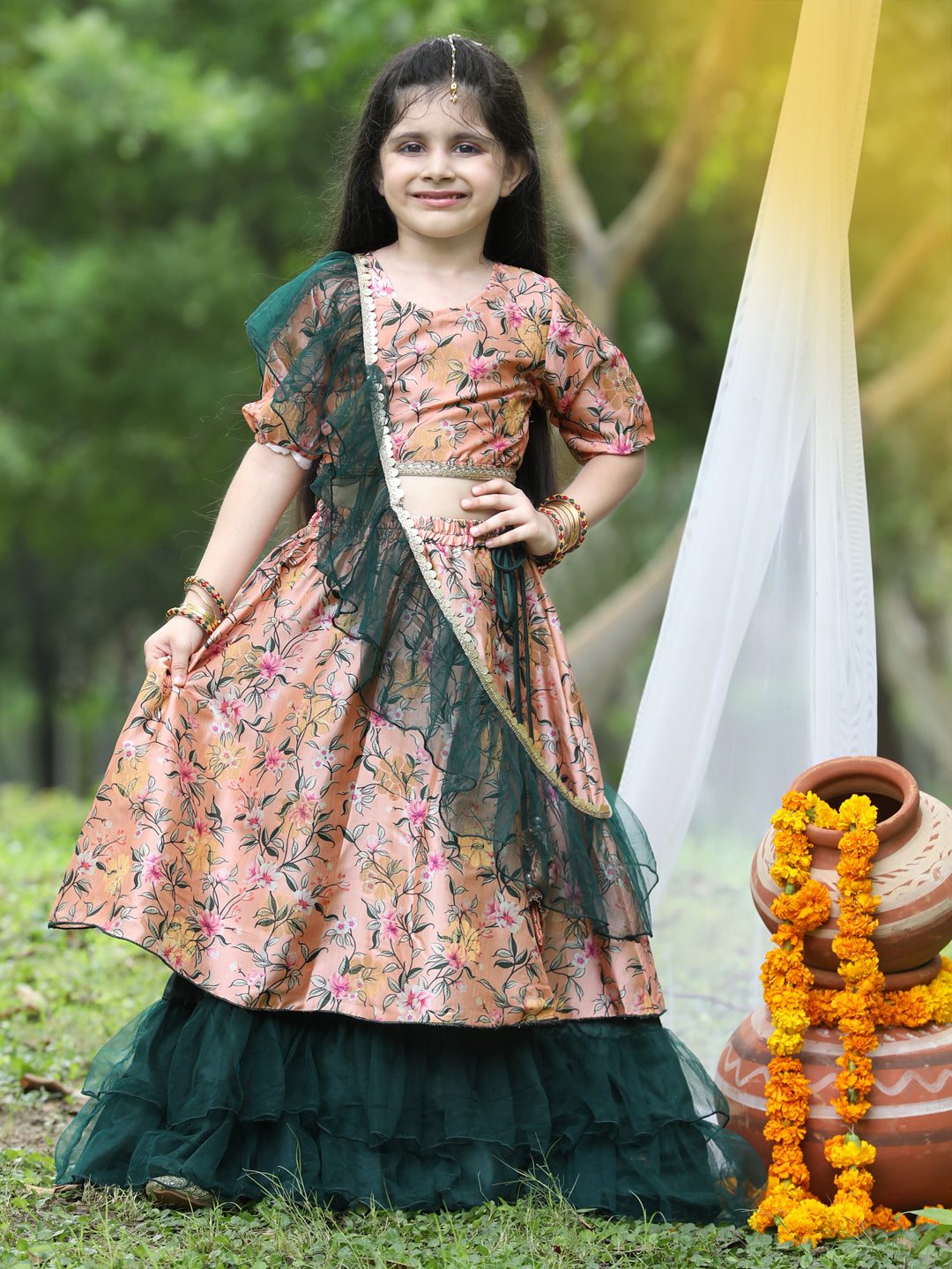 Cutiekins Rust & Green Printed Ready to Wear Lehenga & Blouse With Dupatta