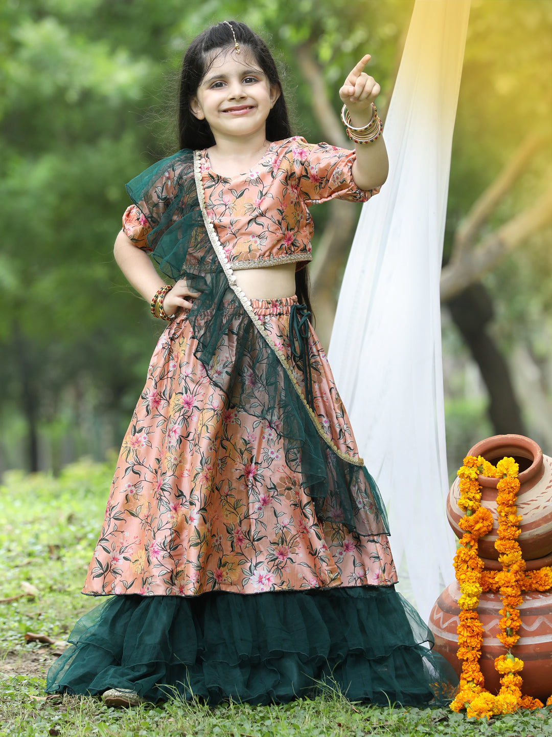 Cutiekins Rust & Green Printed Ready to Wear Lehenga & Blouse With Dupatta