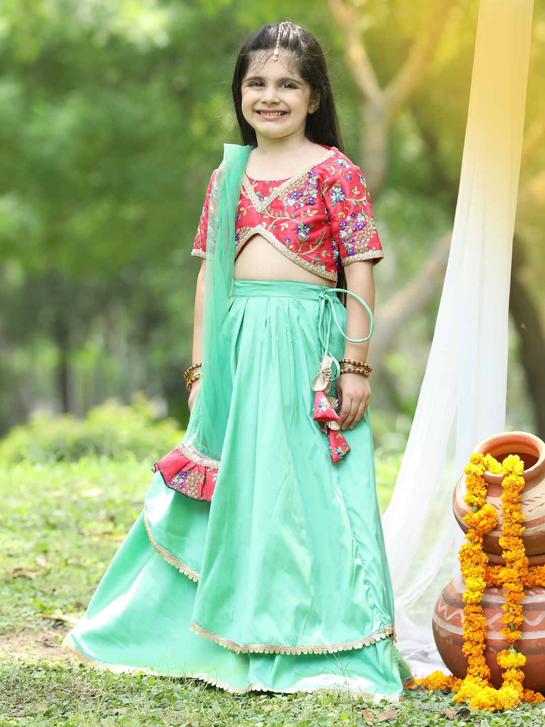 Cutiekins Red & Light Green Ready to Wear Lehenga & Blouse With Dupatta