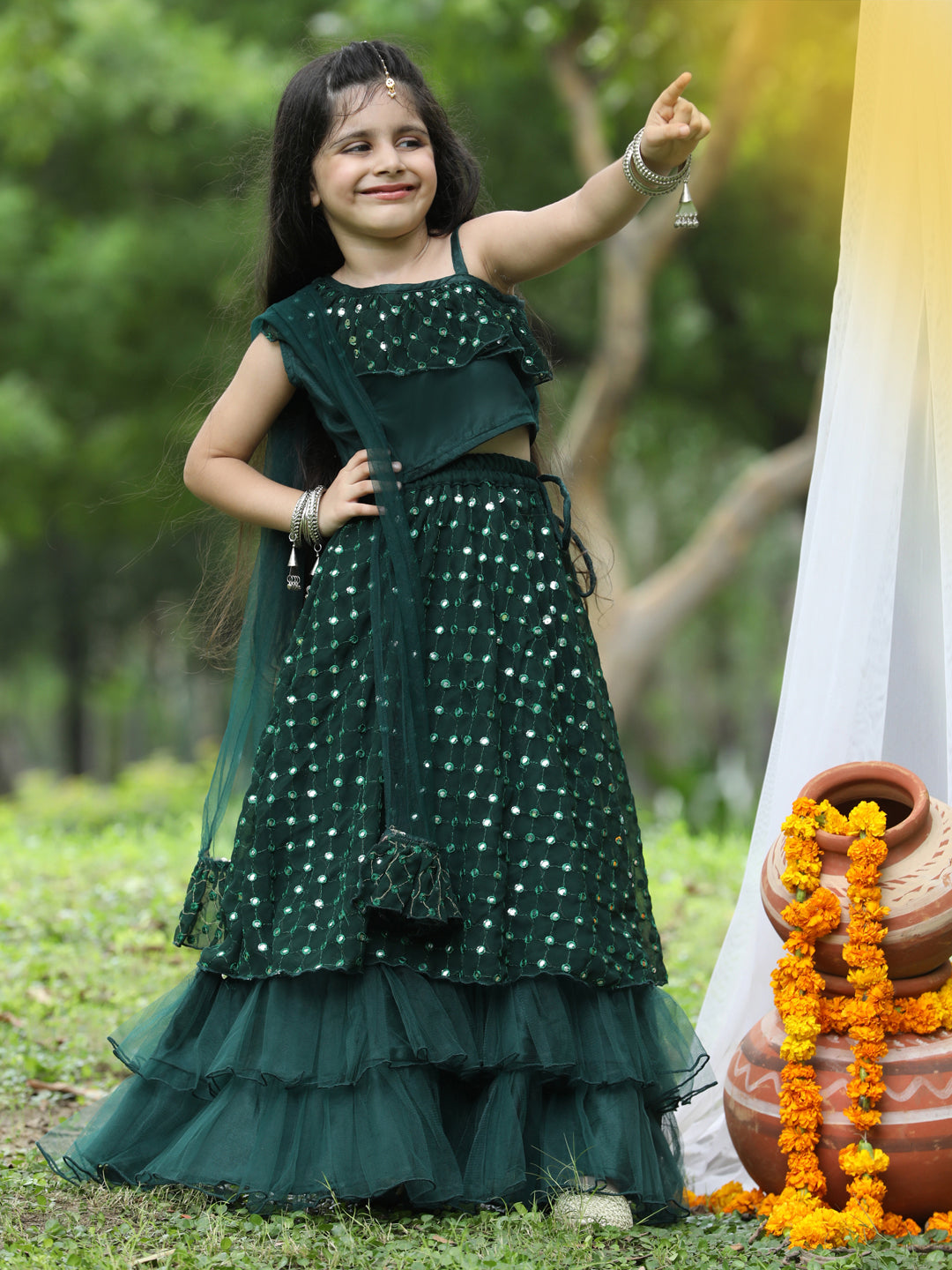 Cutikeins Girls Green Mirror Work Net Ready to Wear Lehenga & Blouse With Dupatta