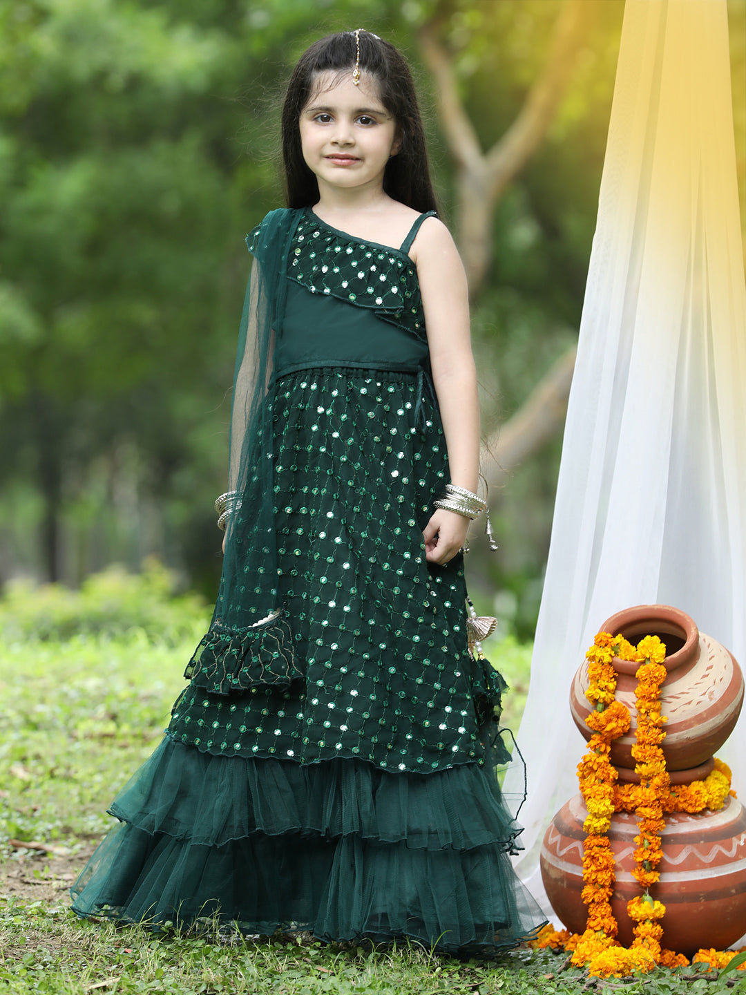 Cutikeins Girls Green Mirror Work Net Ready to Wear Lehenga & Blouse With Dupatta