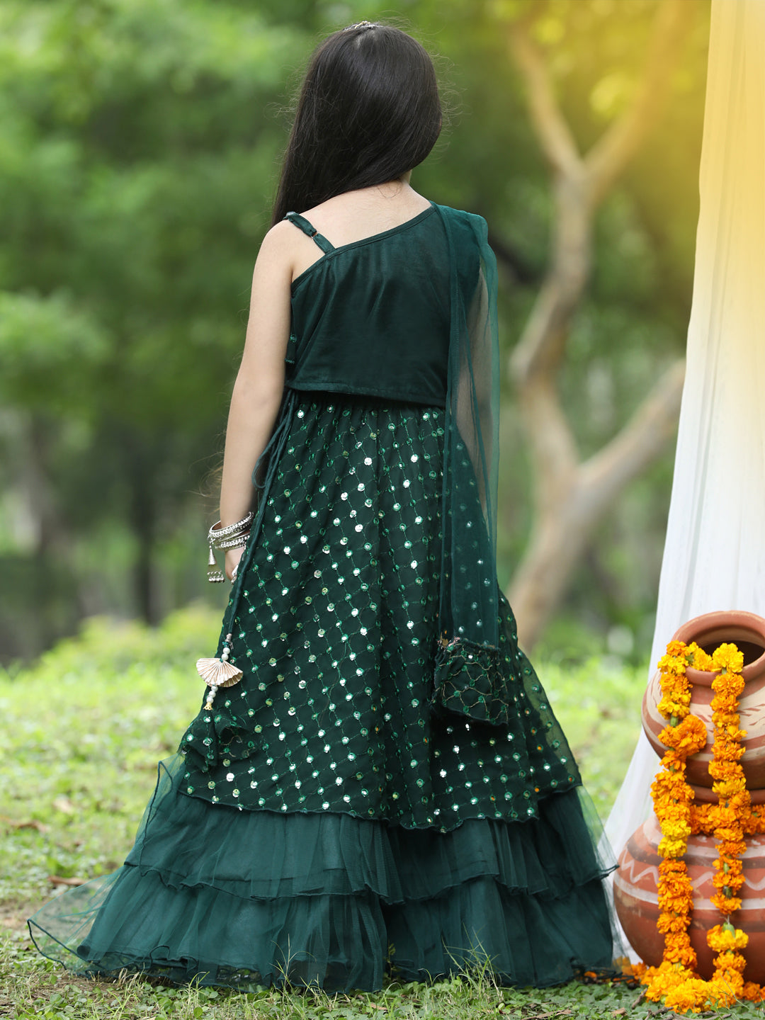 Cutikeins Girls Green Mirror Work Net Ready to Wear Lehenga & Blouse With Dupatta