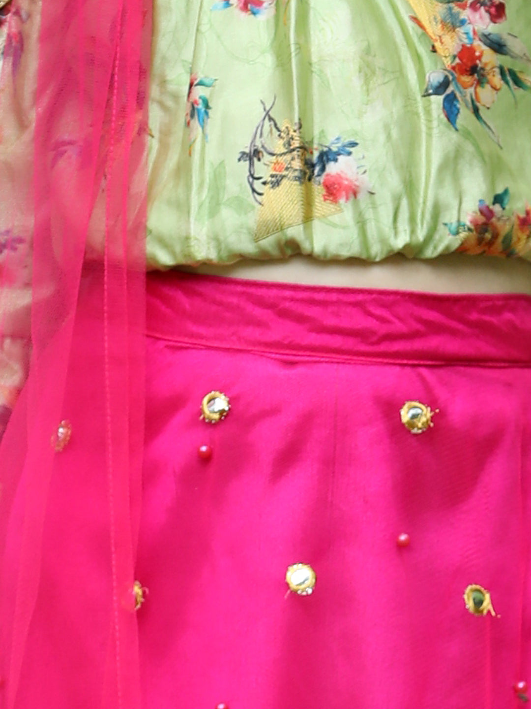 Cutiekins Light Green & Pink Cold Shoulder Ready to Wear Lehenga & Blouse With Dupatta