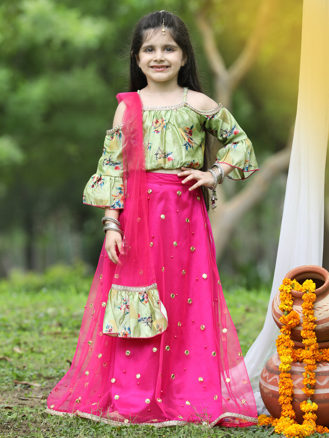 Cutiekins Light Green & Pink Cold Shoulder Ready to Wear Lehenga & Blouse With Dupatta