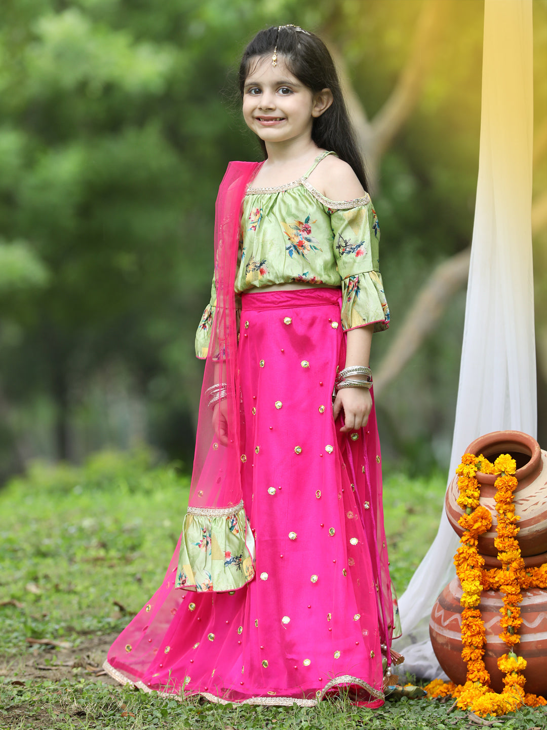 Cutiekins Light Green & Pink Cold Shoulder Ready to Wear Lehenga & Blouse With Dupatta