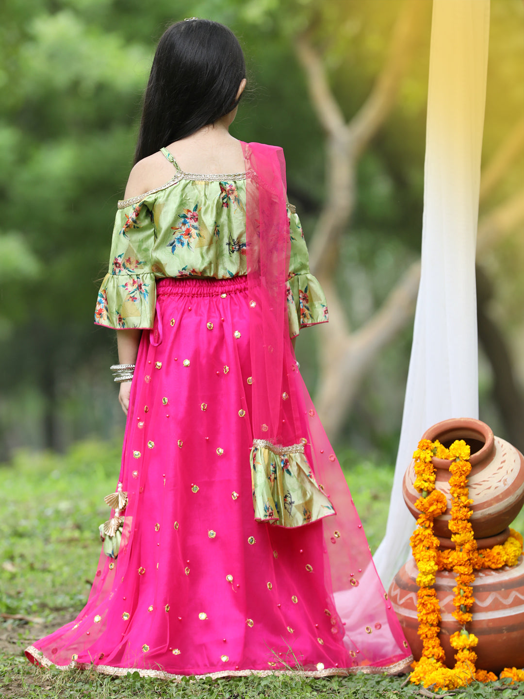 Cutiekins Light Green & Pink Cold Shoulder Ready to Wear Lehenga & Blouse With Dupatta