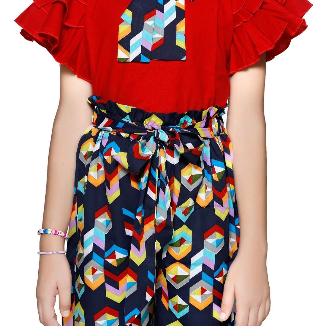 Cutiekins Red Cotton Top & Blue Printed Palazzo Set