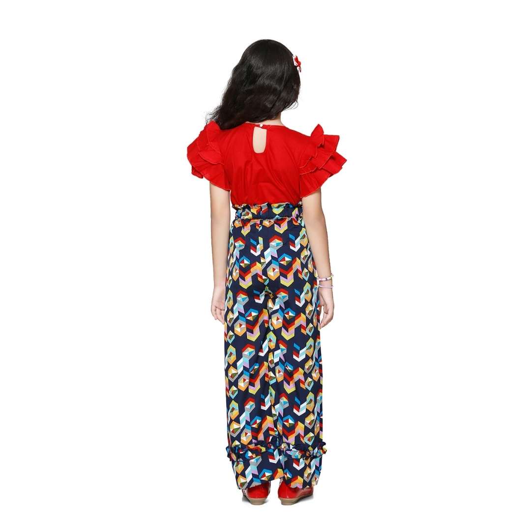 Cutiekins Red Cotton Top & Blue Printed Palazzo Set