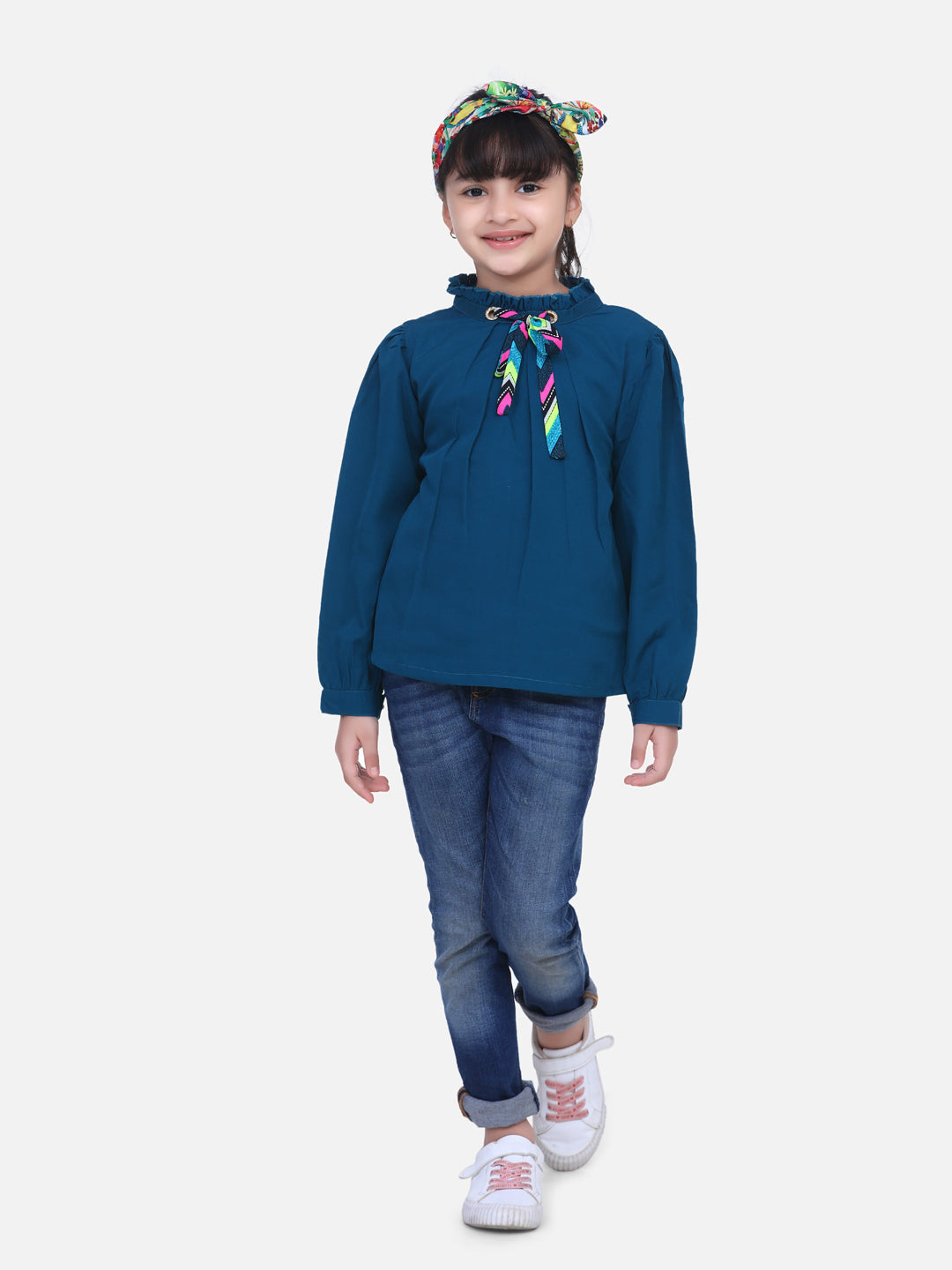 Cutiekins Solid Pleated Eyelet Top With Knot  - Teal Blue