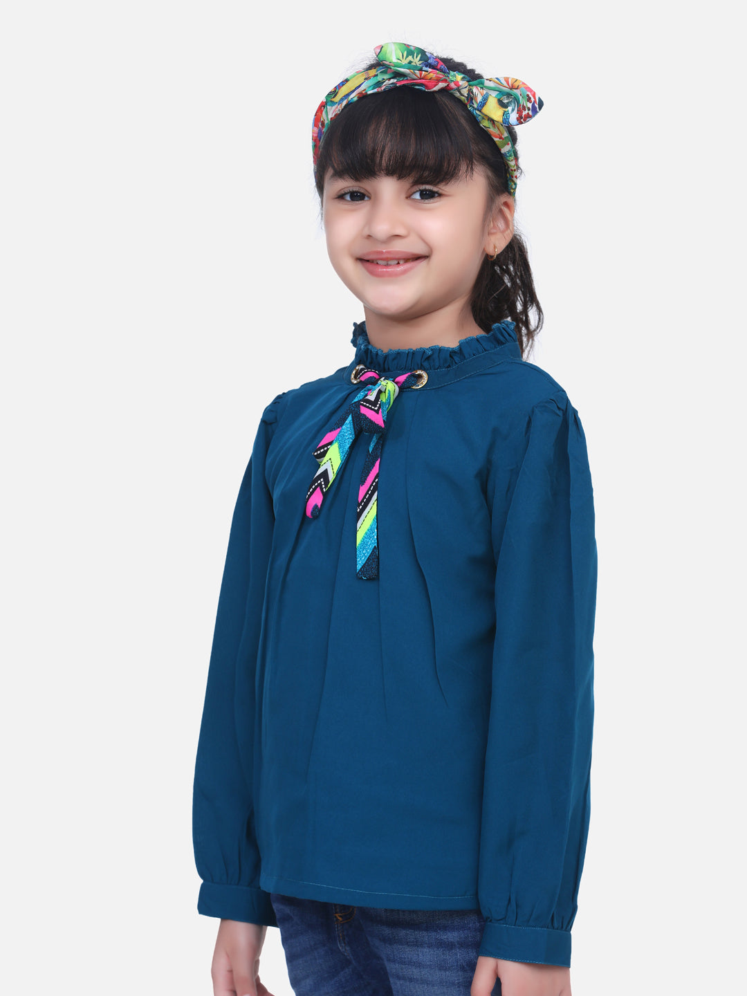 Cutiekins Solid Pleated Eyelet Top With Knot  - Teal Blue