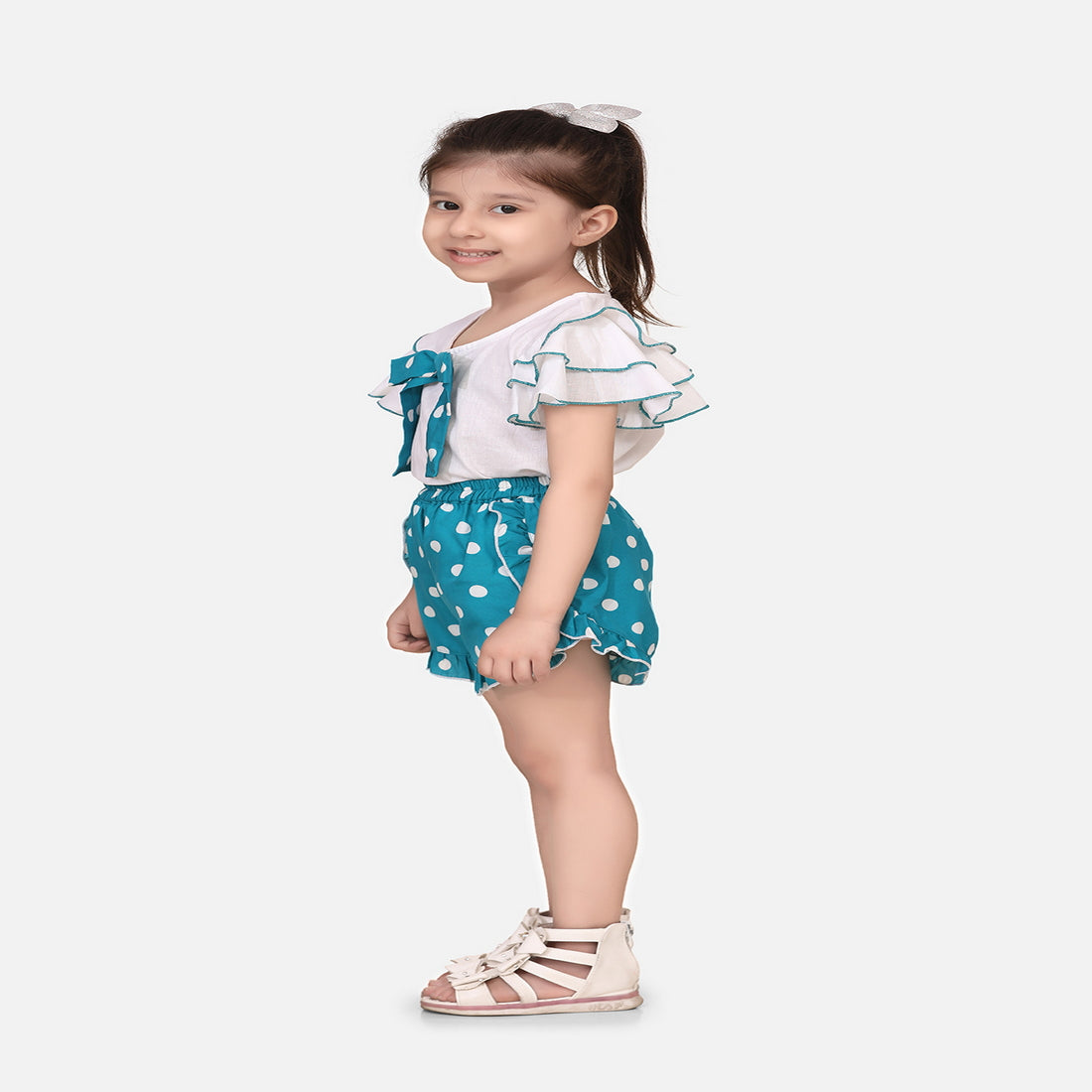 Cutiekins Girls Casual Top & Shorts Set  (White & Blue)