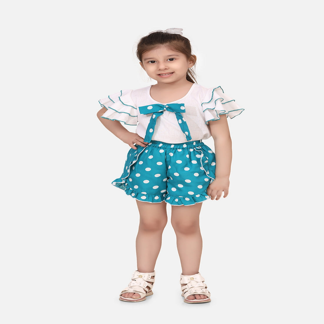 Cutiekins Girls Casual Top & Shorts Set  (White & Blue)