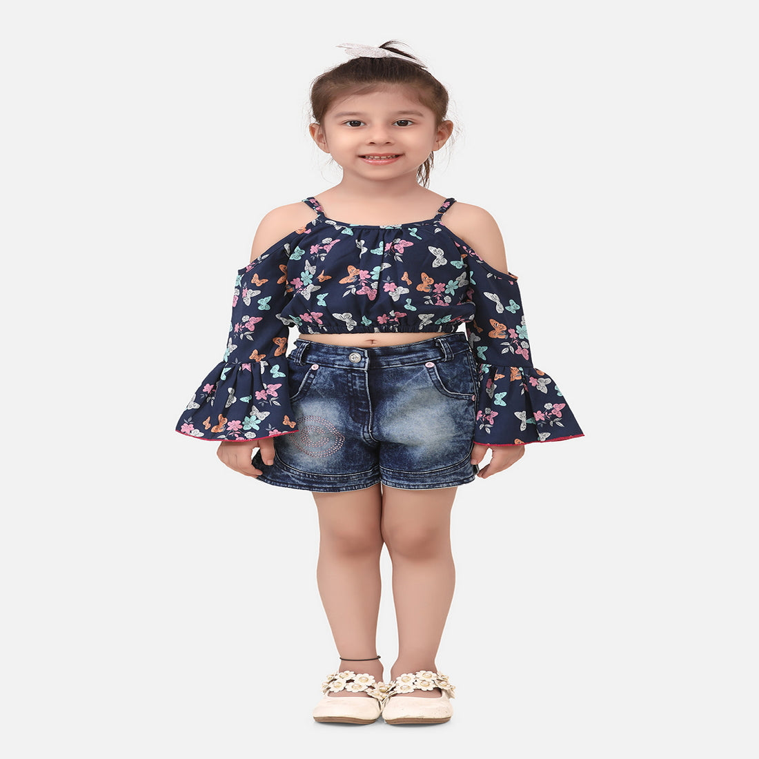 Girls Navy Blue Butterfly Printed Bell Sleeves Cold Shoulder Crop Top