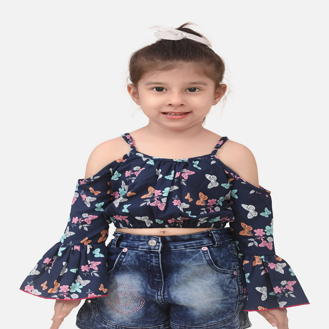 Girls Navy Blue Butterfly Printed Bell Sleeves Cold Shoulder Crop Top