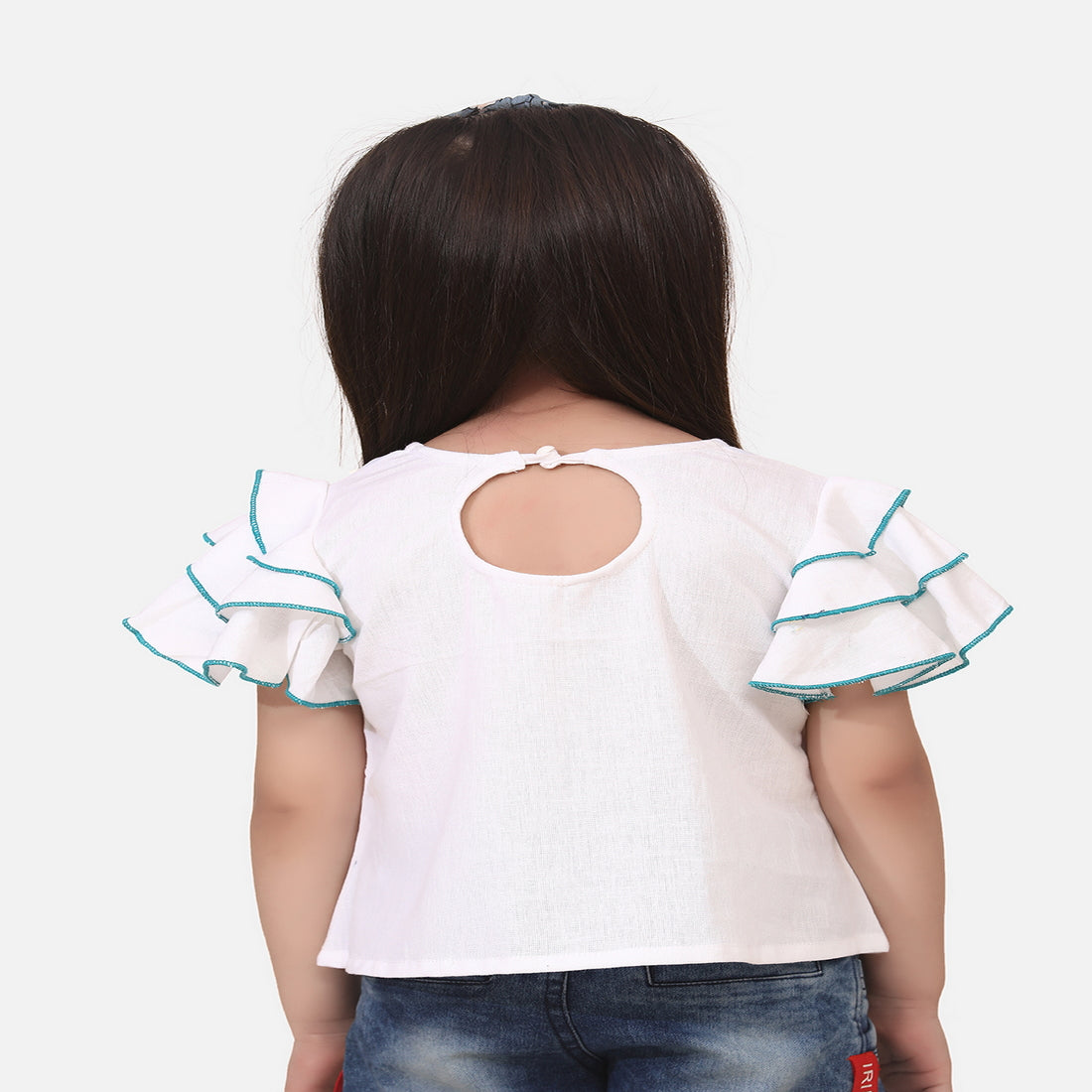 Girls White & Sky Blue Solid Ruffle Sleeves Top