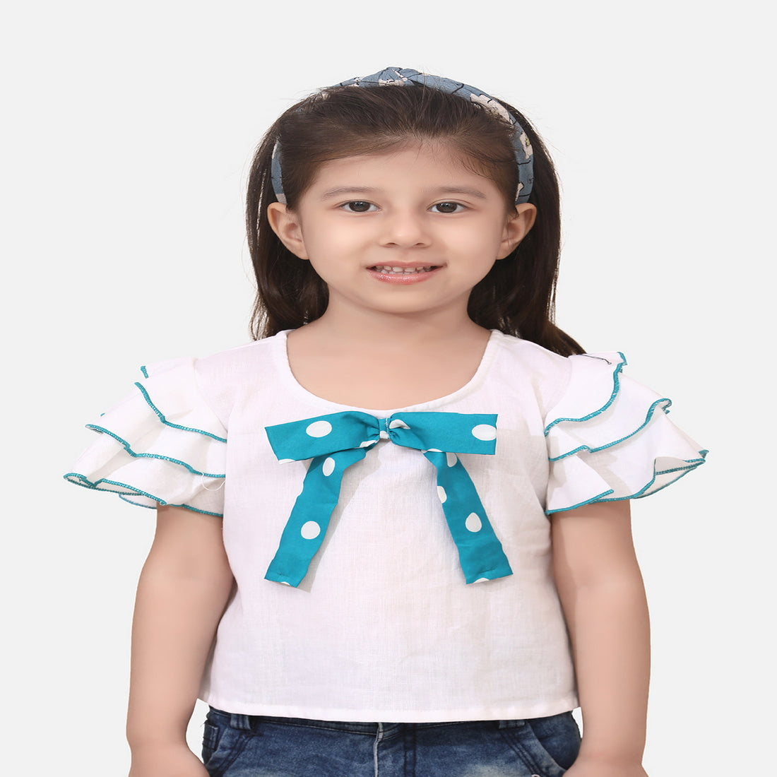 Girls White & Sky Blue Solid Ruffle Sleeves Top