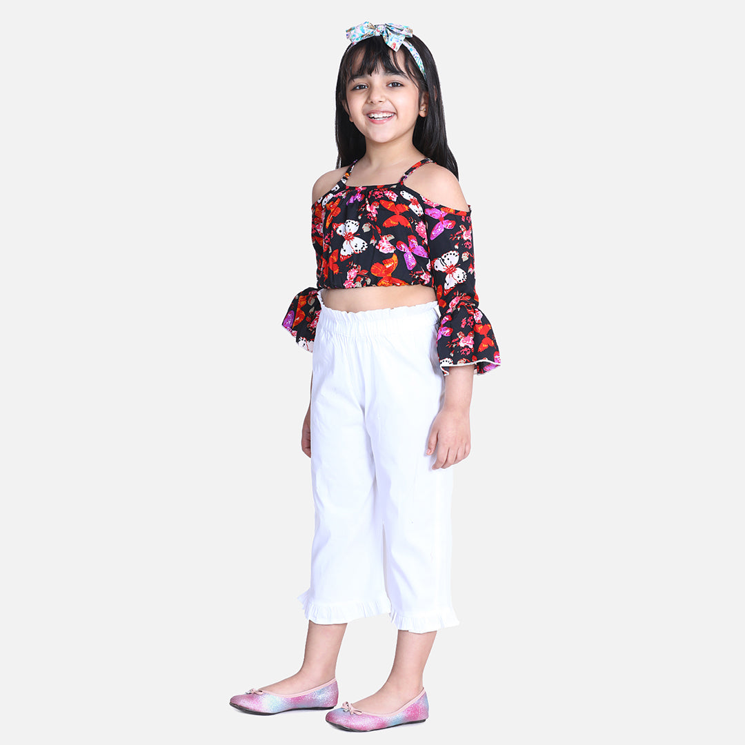 Cutiekins Butterfly Printed Bell Sleeves Crop Top & Solid Capri Capri Set -Black & White