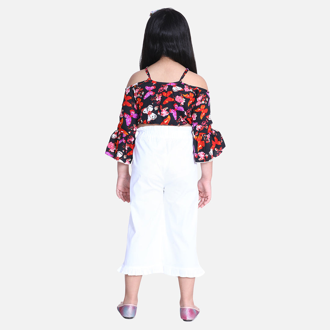 Cutiekins Butterfly Printed Bell Sleeves Crop Top & Solid Capri Capri Set -Black & White