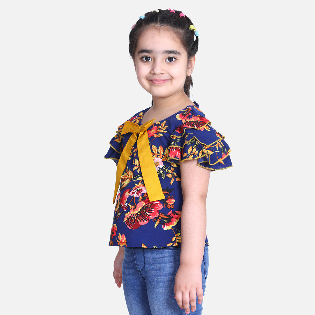 Cutiekins Ruffle Sleeves Floral Printed Top-Navy Blue & Mustard