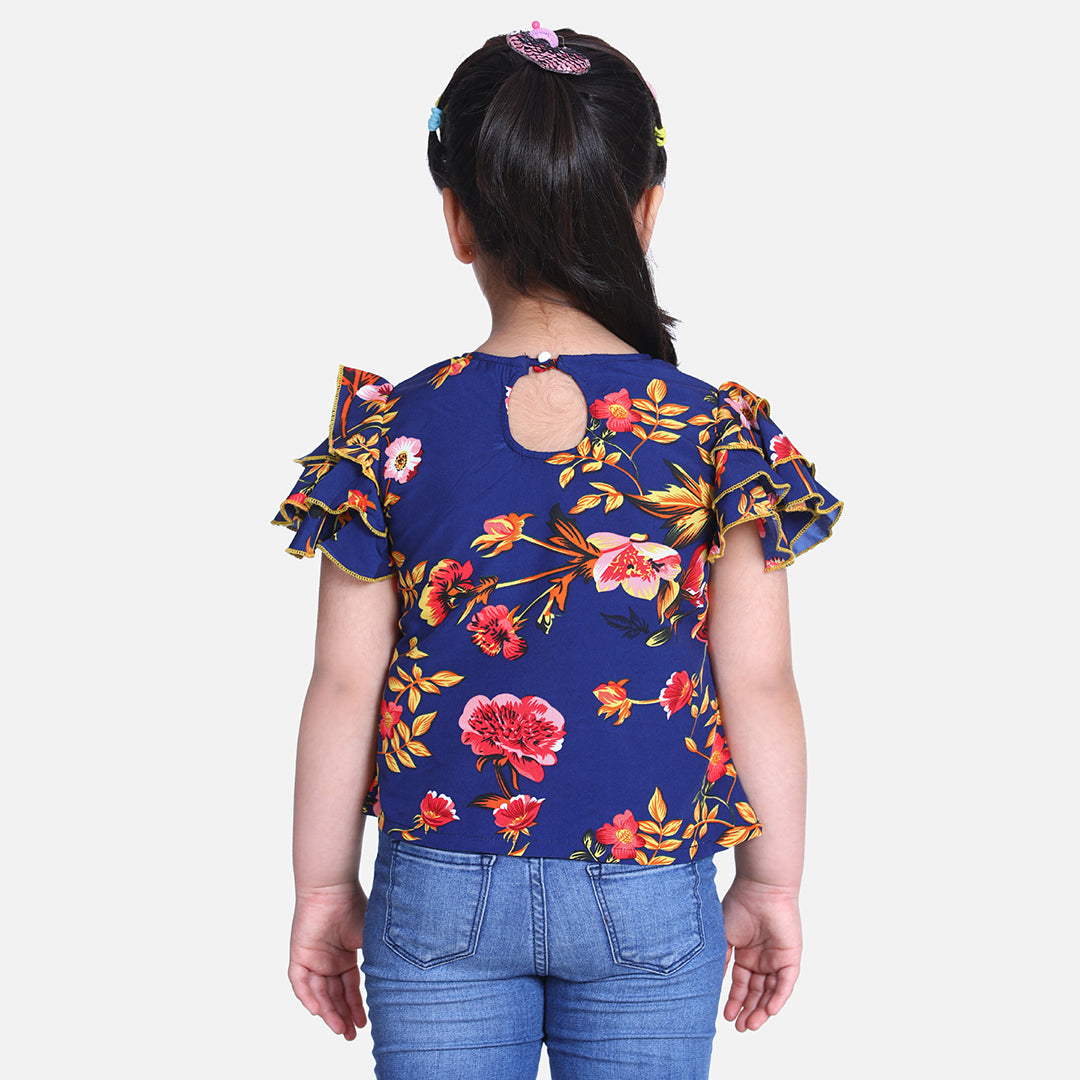 Cutiekins Ruffle Sleeves Floral Printed Top-Navy Blue & Mustard