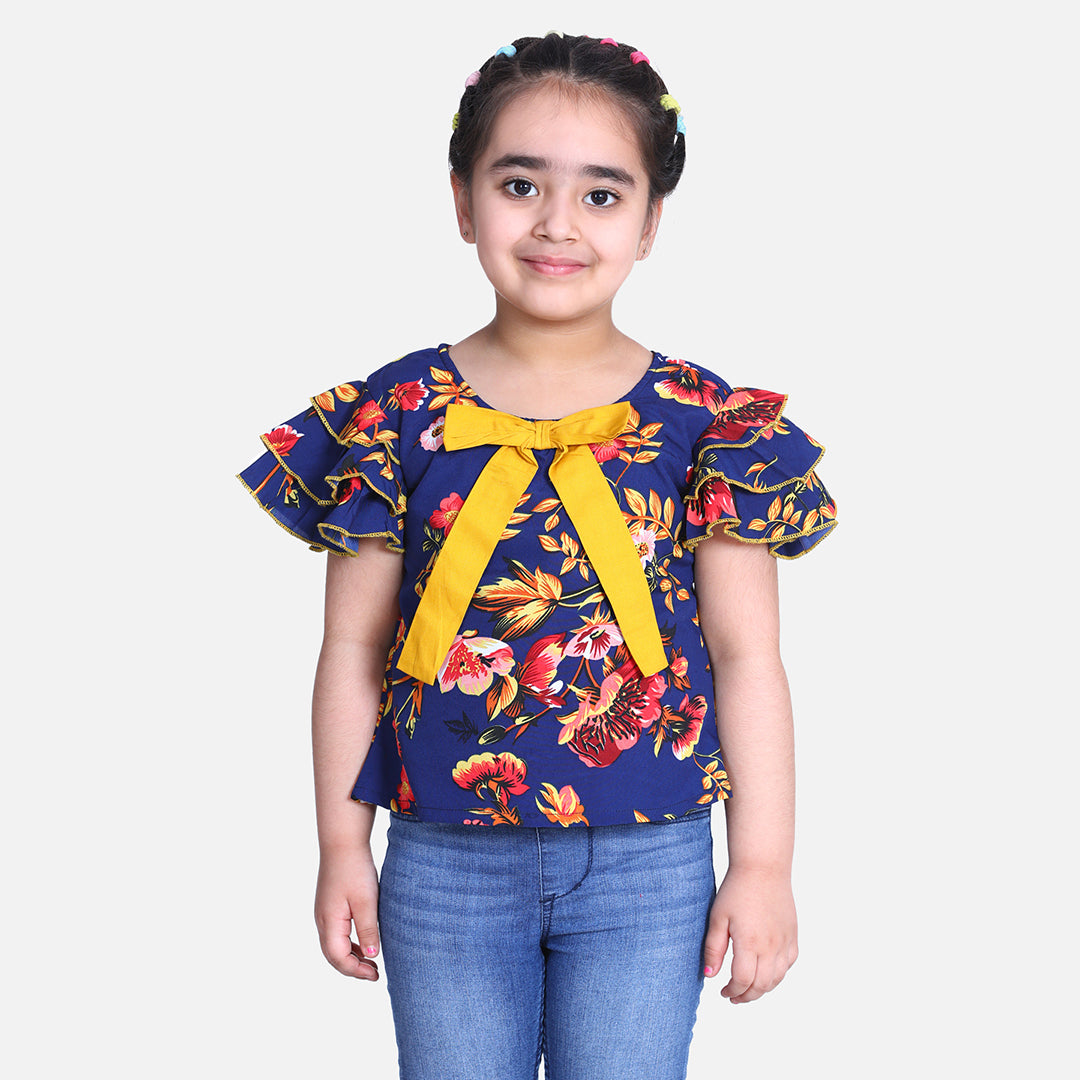 Cutiekins Ruffle Sleeves Floral Printed Top-Navy Blue & Mustard