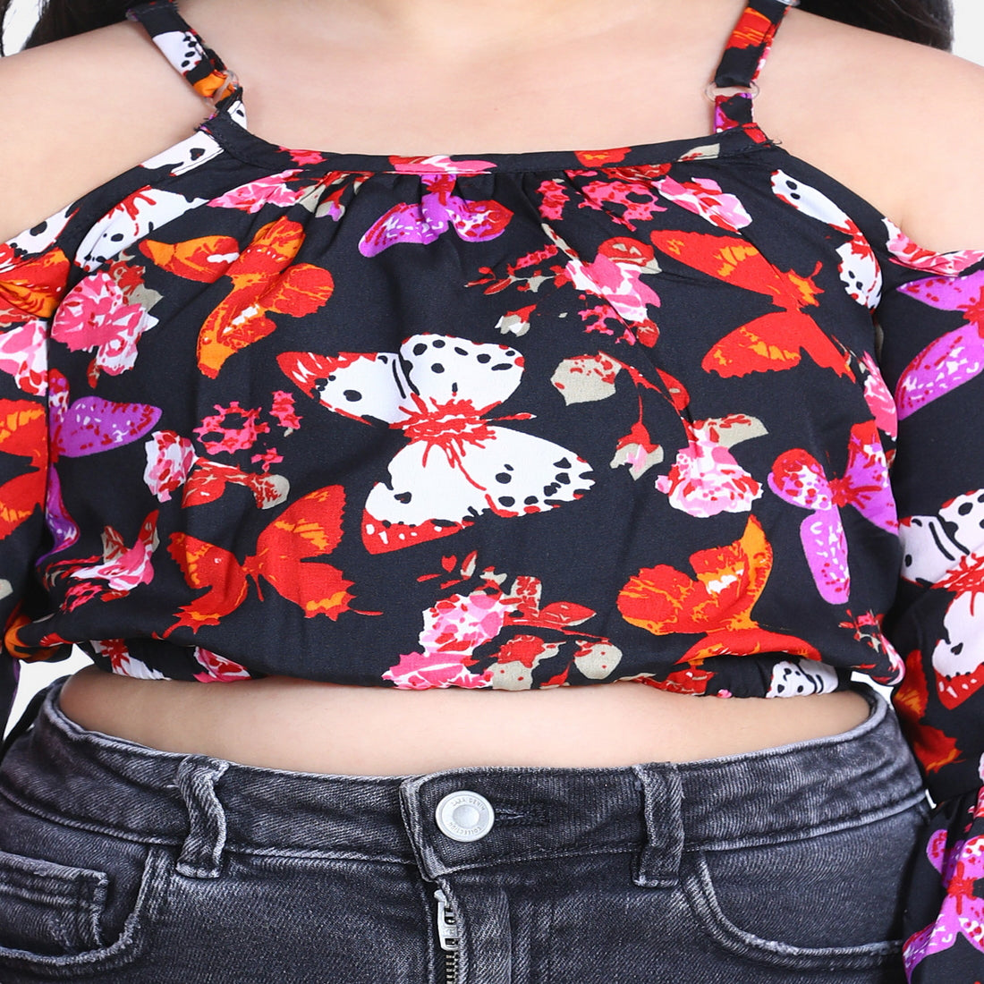 Cutiekins Butterfly Printed Bell Sleeves Crop Top -Black & White